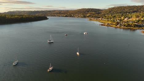 Aerial-flyover-Tamar-River-with-sailing-boats-along-small-village-on-Tasmania,-Australia