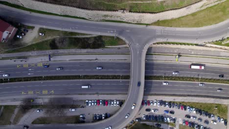 Top-down-shot-of-a-busy-Macedonian-highway-with-vehicles-driving-along