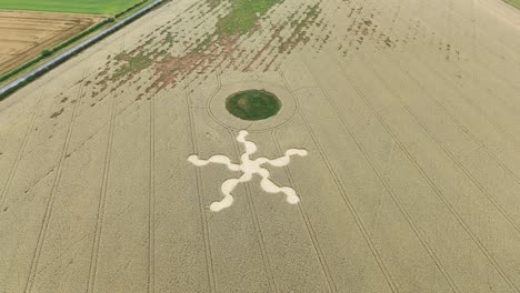 Salisbury-five-point-star-crop-circle-aerial-view-establishing-stone-henge-earthwork-mound-and-field