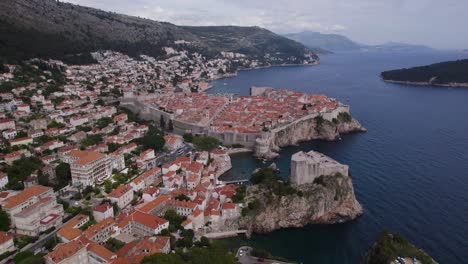 Drone-establisher-cityscape-Dubrovnik-with-famous-old-town-in-evening-light