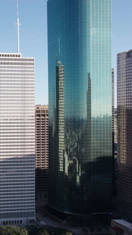 Vertical-Drone-Shot,-Downtown-Houston-Skyscrapers-in-Financial-District,-Texas-USA