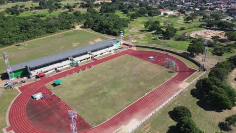 Aerial-orbits-track-and-field-athletic-stadium-in-Santa-Cruz,-Bolivia