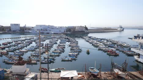 A-man-rowing-in-the-fishing-port-of-Algiers,-Algeria,-on-a-sunny-day