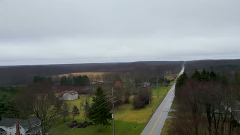 Una-Perspectiva-Aérea-De-Una-Carretera-Rural-Recta-Que-Se-Extiende-A-Lo-Lejos,-Bordeada-Por-Campos-Y-árboles-Dispersos-Bajo-Un-Cielo-Gris-Y-Nublado.