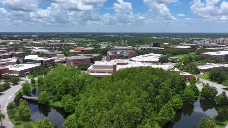 Aerial-rising-shot-showing-University-of-Central-Florida-with-campus,-green-park-area-and-american-flag