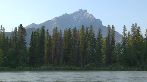 Cascade-Mountain-peak-view-Bow-river,-tall-tree-pine-forest-Canada-nature