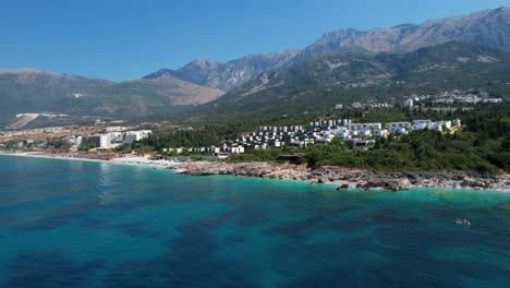 Turquoise-Blue-Ionian-Sea,-Resorts-and-Hotels-for-Summer-Vacation-by-the-Beach-in-Albania