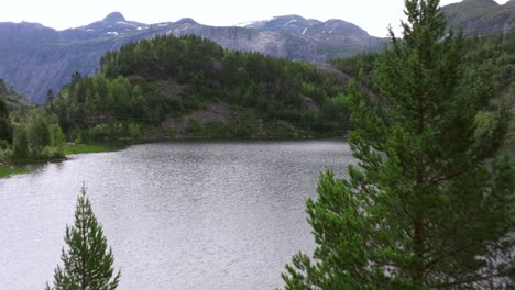 Vista-Aérea-A-Una-Pequeña-Isla-En-Un-Lago-Con-árboles-De-Hoja-Perenne,-El-Agua-Brilla-Desde-El-Cielo-Nublado-Con-Majestuosas-Montañas-Noruegas