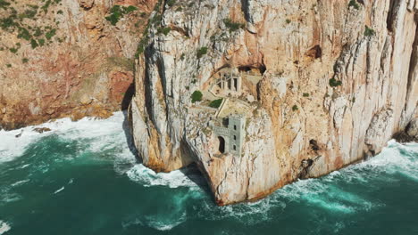 Exploring-Porto-Flavia:-Aerial-Views-of-the-Historic-Mining-Port-in-Sardinia,-Italy,-During-Spring