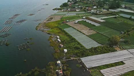 Indonesian-tourist-coastal-destination,-Kintamani-lakeside-aerial-view