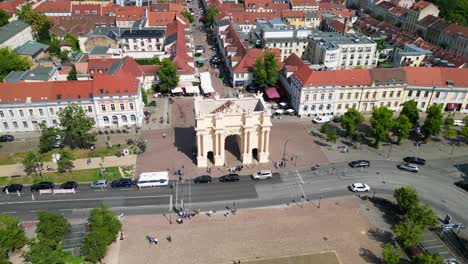 Potsdam-city-center-with-historical-buildings,-showing-brandenburger-gate,-street-and-luisenplatz-square-on-a-sunny-summer-day