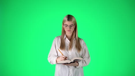 Focused-Young-Blonde-Woman-Writing-Notes-On-Paper-Notebook-Against-Green-Background,-Studio-Shot