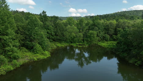 Rising-Flyover-Of-Arkansas-Lake-Cove-Into-Green-Forest,-Aerial-View