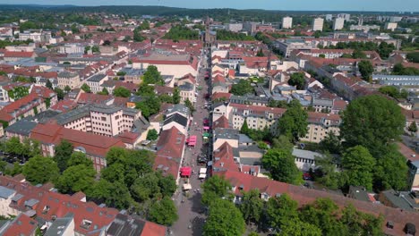 Potsdam-city-center-with-historical-buildings,-showing-brandenburger-gate,-street-and-luisenplatz-square-on-a-sunny-summer-day