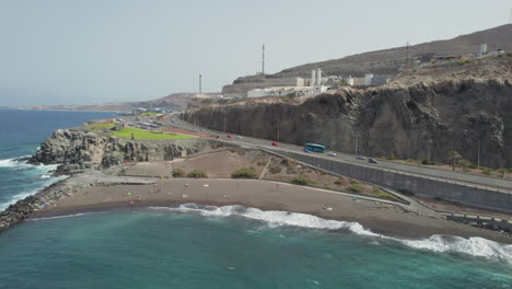 Daytime-Drone-Footage-of-La-Laja-Beach-in-Las-Palmas,-Gran-Canaria,-During-Spring