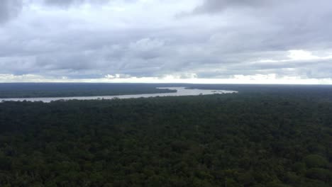 Drone-flight-over-jungle-with-the-amazon-river-in-the-background