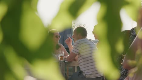 Eine-Gruppe-Von-Menschen,-Die-Sich-An-Einem-Schönen-Sonnigen-Tag-Auf-Einem-Dach-Unterhalten,-Aufgenommen-Durch-Ein-Paar-Blätter