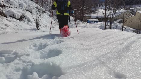 Close-Up-Hiker-Wearing-Orange-Snowshoes-Walking-Down-Slope-On-Powdery-Snow-With-Hiking-Sticks