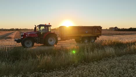 Red-tractor-and-trailer-in-front-of-setting-sun-over-farm-land---aerial-pullback