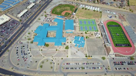 Aerial-Drone-Flying-Above-Entire-Franklin-High-School-Campus-in-West-El-Paso,-Texas