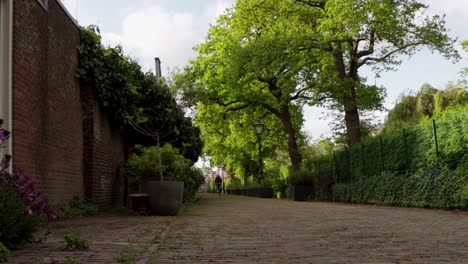 Slider-shot-of-elderly-woman-cycling-in-alley-along-canal-and-parking-her-bike