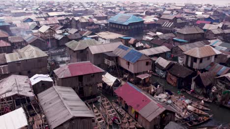 Makoko-Community,-Lagos,-Nigeria---30-June-2024:-Drone-view-of-Makoko-community-across-the-3rd-Mainland-Bridge