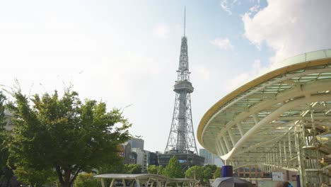 Nagoya-Sakae-Park-and-Tower-in-Summer,-Japanese-City-Establishing-Shot