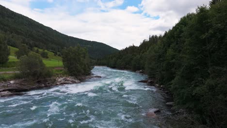 Aerial-view-of-a-flowing-river-surrounded-by-lush-forest-and-scenic-landscape