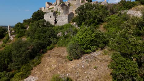 Aerial-establishing-shot-of-the-ruins-of-Château-Bas-d'Aumelas