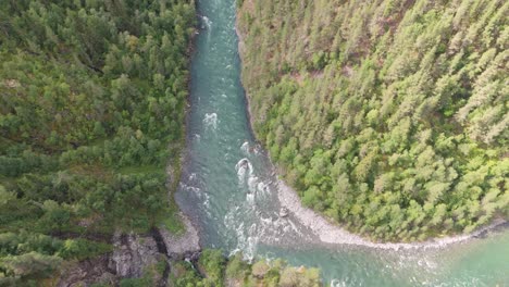 Aerial-view-of-a-turquoise-river-flowing-through-a-lush-green-forest,-showcasing-the-beauty-of-nature-from-above