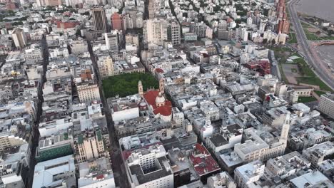 Drone-Shot-of-Montevideo-Uruguay-City-Center,-Downtown-Buildings-and-Streets