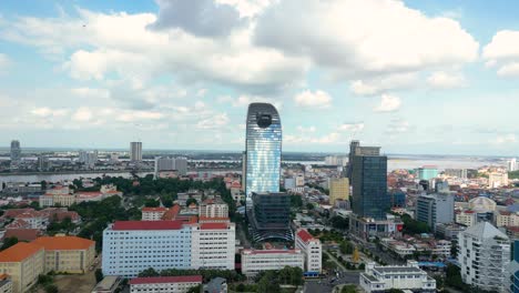 Vattanac-skyscraper,-Phnom-Penh-Capital-of-Cambodia-on-Mekong-river,-aerial