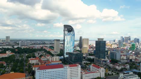 Phnom-Penh-Cambodia-capital-city-modern-skyscraper-building,-aerial-Asia