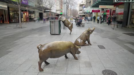 Timelapse-of-iconic-bronze-pig-statues-in-Rundle-Mall,-Adelaide,-Australia