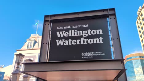 Close-up-view-of-Wellington-Waterfront-sign-in-capital-city-of-NZ-Aotearoa