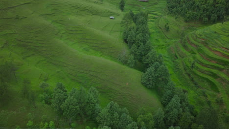 Wide-drone-shot-of-lush-greenery-in-tourism-area-of-Makwanpur,-Nepal,-landscape-features-beautifully-aligned-hills-and-trees,-showcasing-the-natural-beauty-and-farming-in-the-region-after-monsoon-rain