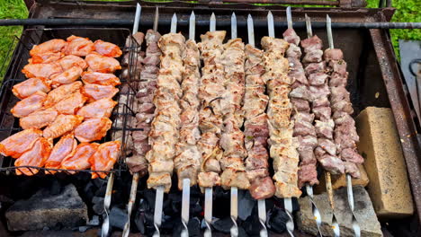 BBQ-chicken-and-meat-skeewers-on-a-charcoal-grill,-summer-day