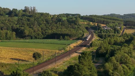 Tren-Pasando-Por-Campos-Verdes-Con-Exuberante-Vegetación-En-Verano---Toma-Estática