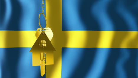 Animation-of-golden-house-key-over-waving-flag-of-sweden