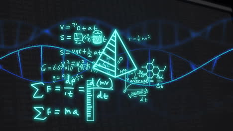 Animation-of-dna-strand-and-scientific-data-processing-over-black-background