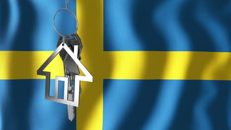 Animation-of-silver-house-key-over-waving-flag-of-sweden