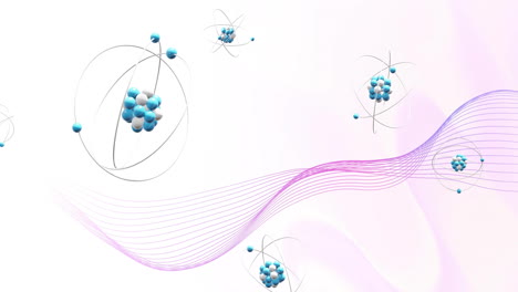 Animation-Von-Atomen,-Die-Sich-über-Einen-Wehenden,-Mehrfarbigen-Hintergrund-Bewegen