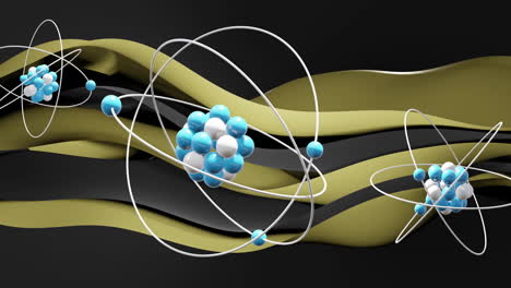 Animation-Von-Atomen,-Die-Sich-über-Wellenförmige-Schichten-Auf-Schwarzem-Hintergrund-Bewegen