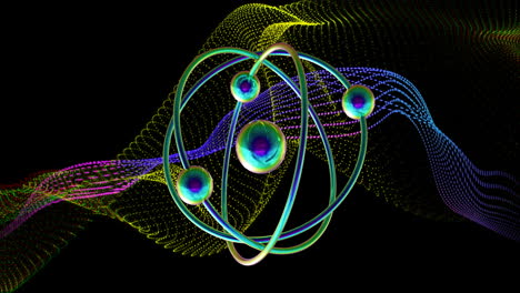 Animation-Von-Atomen,-Die-Sich-über-Ein-Wehendes,-Mehrfarbiges-Netz-Auf-Schwarzem-Hintergrund-Bewegen