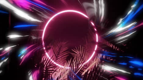 Animation-of-pink,-purple-and-white-shapes-moving-over-neon-circle-and-leaves