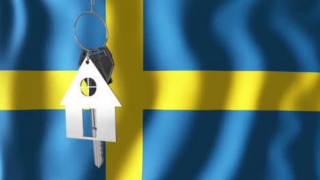 Animation-of-silver-house-key-over-waving-flag-of-sweden