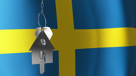 Animation-of-silver-house-key-over-waving-flag-of-sweden