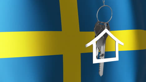 Animation-of-silver-house-key-over-waving-flag-of-sweden