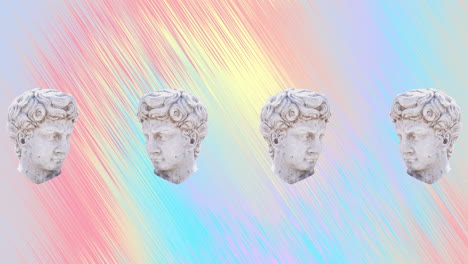 Animation-of-ancient-sculpture-heads-moving-over-multi-coloured-background