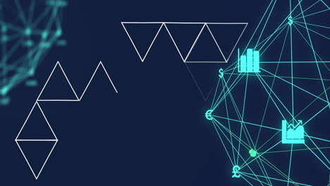 Animation-Aus-Weißen-Dreiecken-Und-Einem-Netzwerk-Von-Verbindungen-Mit-Symbolen-Auf-Schwarzem-Hintergrund